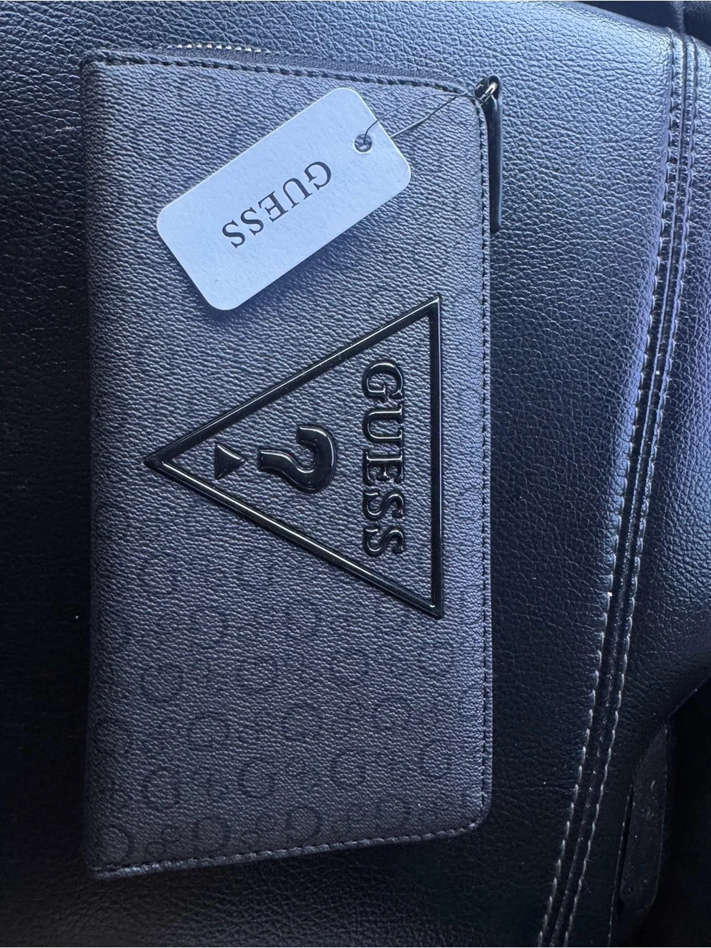 Guess Black Men's Zip-Around Wallet with Embossed Triangle Logo